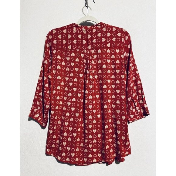 Coldwater Creek Top Womens XS Heart Print Button Up Pleated 3/4 Sleeve Red Boho - Picture 3 of 7
